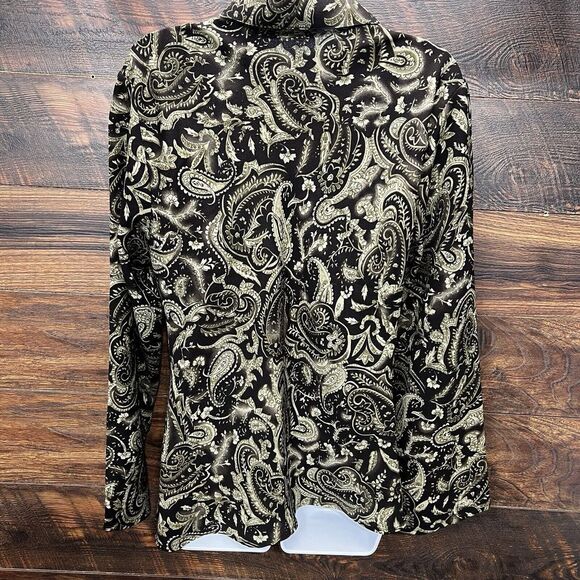 Giorgio Fiorlini Womens Blouse Large Paisley  Print Black Gold Career Wear VNeck - Picture 7 of 15